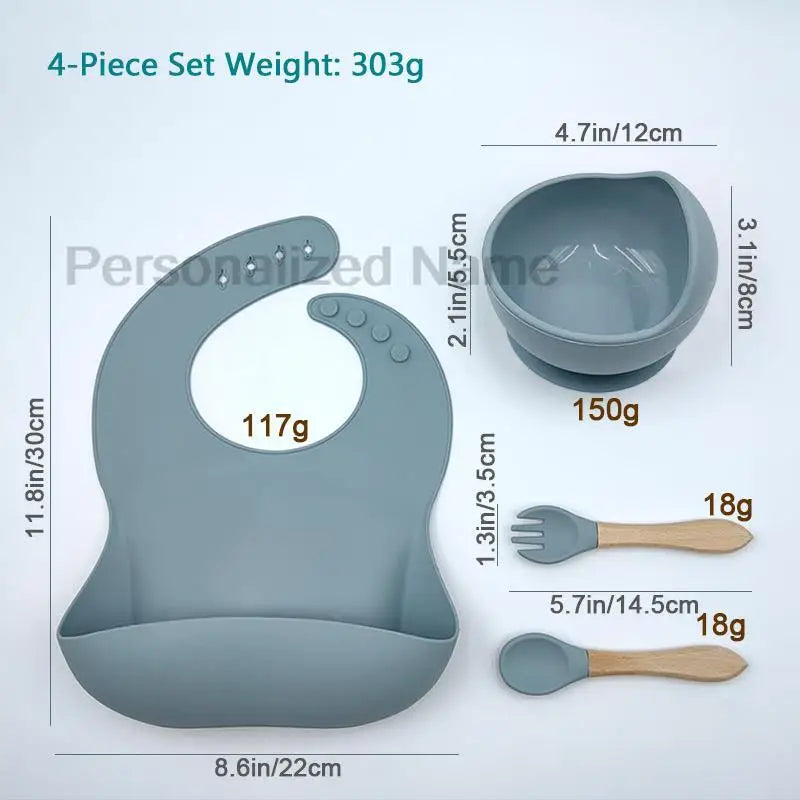 Set de repas bébé en silicone – Bol à ventouse, cuillère & fourchette (personnalisable)