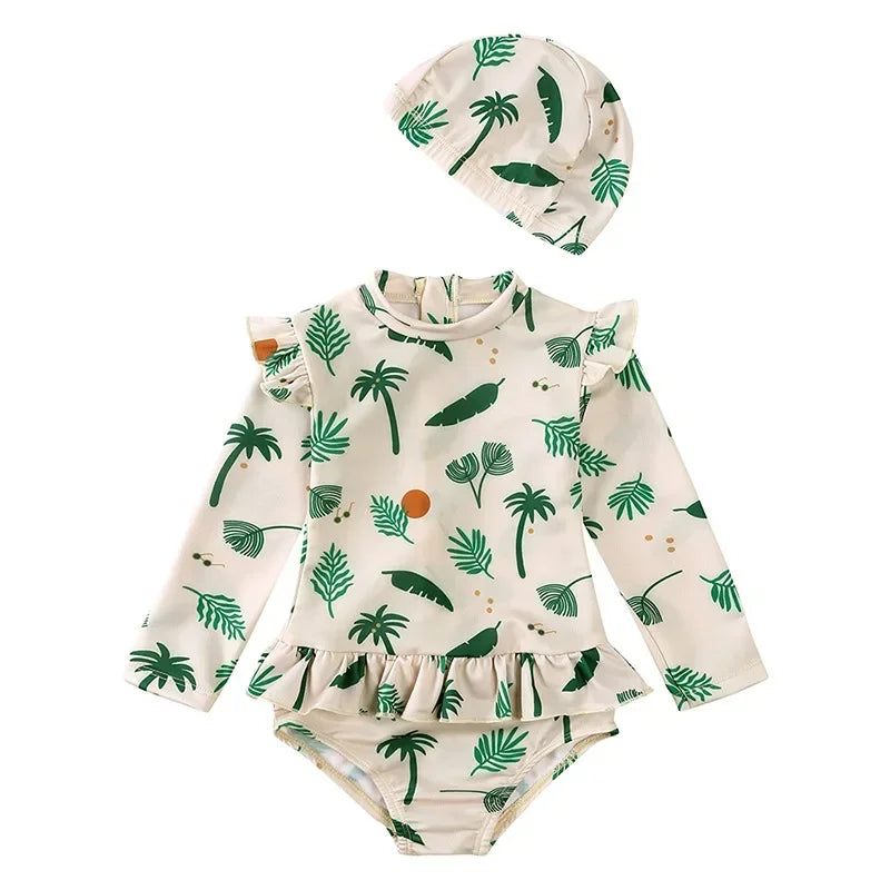 Maillot de Bain Anti-UV Bébé Fille - Combinaison 1 Pièce Manches Longues SPF50, Chapeau Inclus, 1-7 Ans