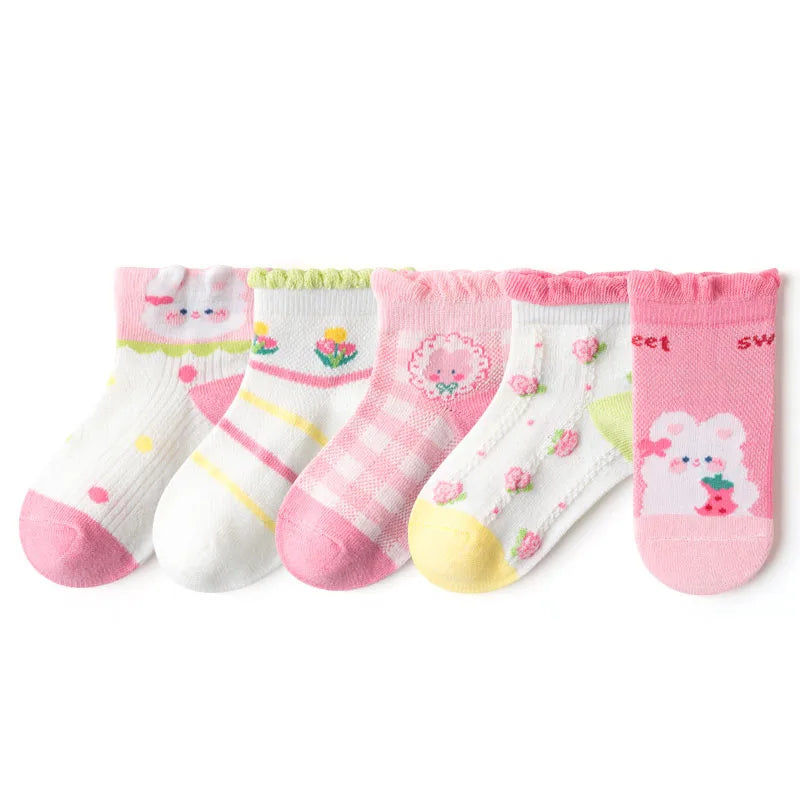 Lot de 5 Paires Chaussettes Enfant Coton - Fantaisie Dessin Animé Mesh, Fille Garçon 1-12 Ans, Eté