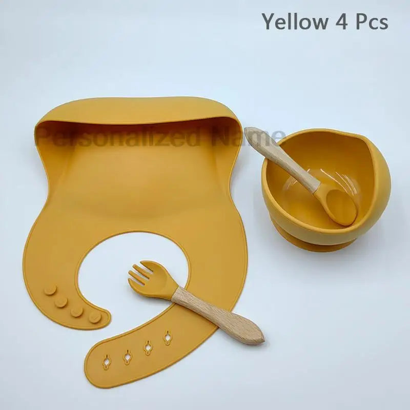 Set de repas bébé en silicone – Bol à ventouse, cuillère & fourchette (personnalisable)