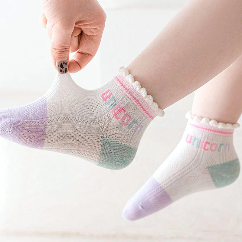 Lot de 5 Paires Chaussettes Enfant Coton - Fantaisie Dessin Animé Mesh, Fille Garçon 1-12 Ans, Eté