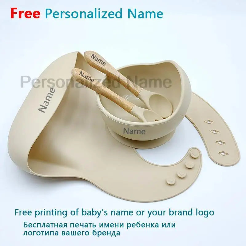 Set de repas bébé en silicone – Bol à ventouse, cuillère & fourchette (personnalisable)