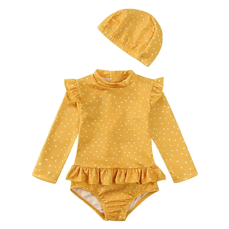 Maillot de Bain Anti-UV Bébé Fille - Combinaison 1 Pièce Manches Longues SPF50, Chapeau Inclus, 1-7 Ans