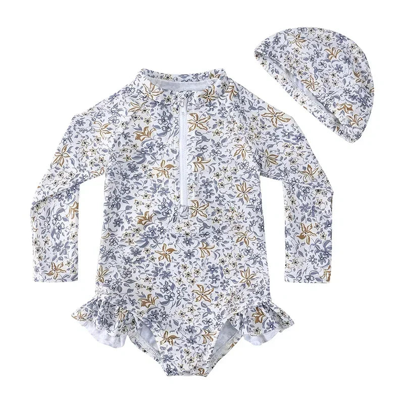 Maillot de Bain Anti-UV Bébé Fille - Combinaison 1 Pièce Manches Longues SPF50, Chapeau Inclus, 1-7 Ans