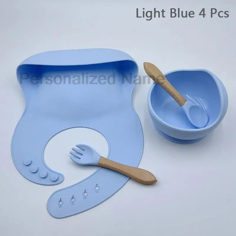 Set de repas bébé en silicone – Bol à ventouse, cuillère & fourchette (personnalisable)