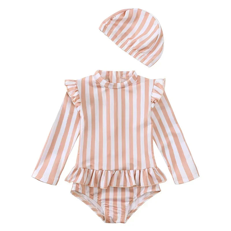 Maillot de Bain Anti-UV Bébé Fille - Combinaison 1 Pièce Manches Longues SPF50, Chapeau Inclus, 1-7 Ans