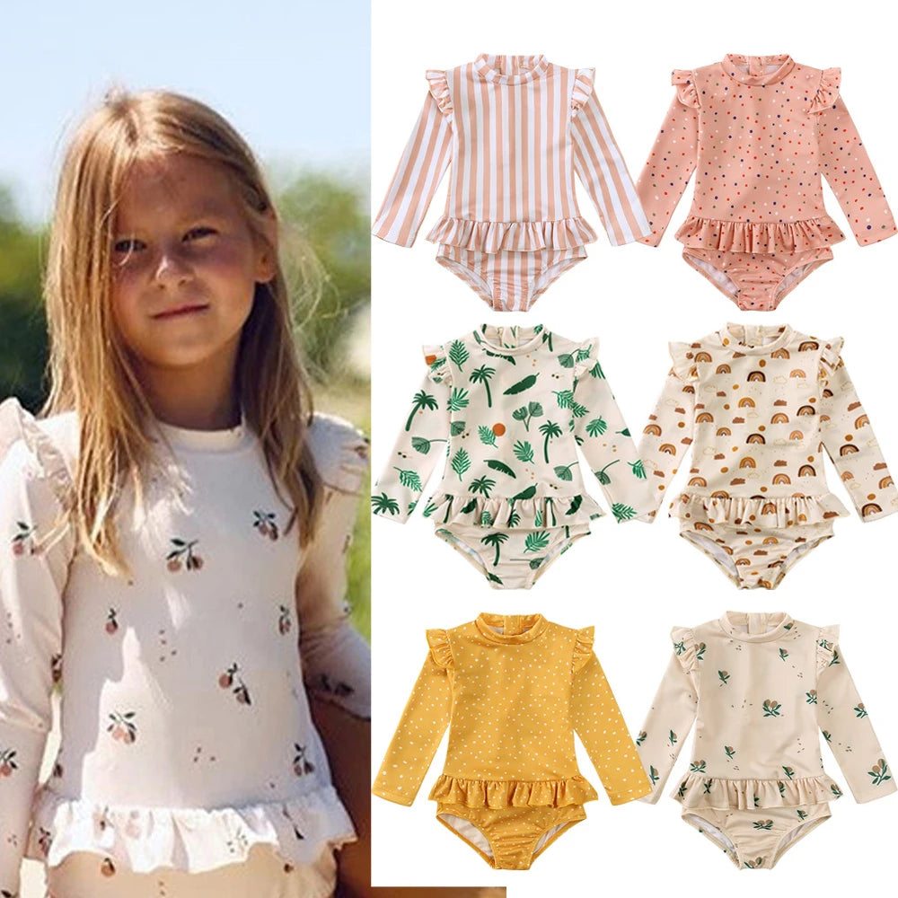 Maillot de Bain Anti-UV Bébé Fille - Combinaison 1 Pièce Manches Longues SPF50, Chapeau Inclus, 1-7 Ans