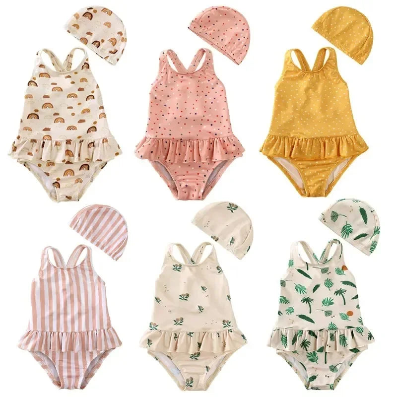 Maillot de Bain Anti-UV Bébé Fille - Combinaison 1 Pièce Manches Longues SPF50, Chapeau Inclus, 1-7 Ans