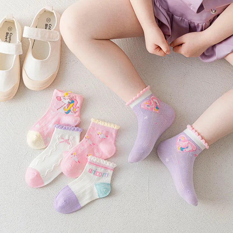Lot de 5 Paires Chaussettes Enfant Coton - Fantaisie Dessin Animé Mesh, Fille Garçon 1-12 Ans, Eté