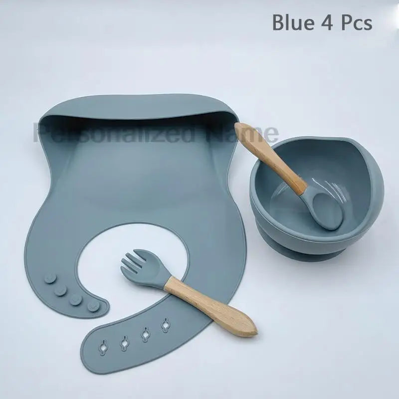 Set de repas bébé en silicone – Bol à ventouse, cuillère & fourchette (personnalisable)