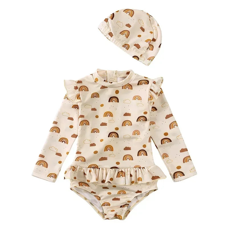 Maillot de Bain Anti-UV Bébé Fille - Combinaison 1 Pièce Manches Longues SPF50, Chapeau Inclus, 1-7 Ans