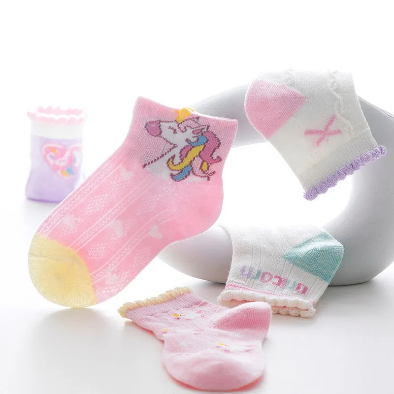 Lot de 5 Paires Chaussettes Enfant Coton - Fantaisie Dessin Animé Mesh, Fille Garçon 1-12 Ans, Eté