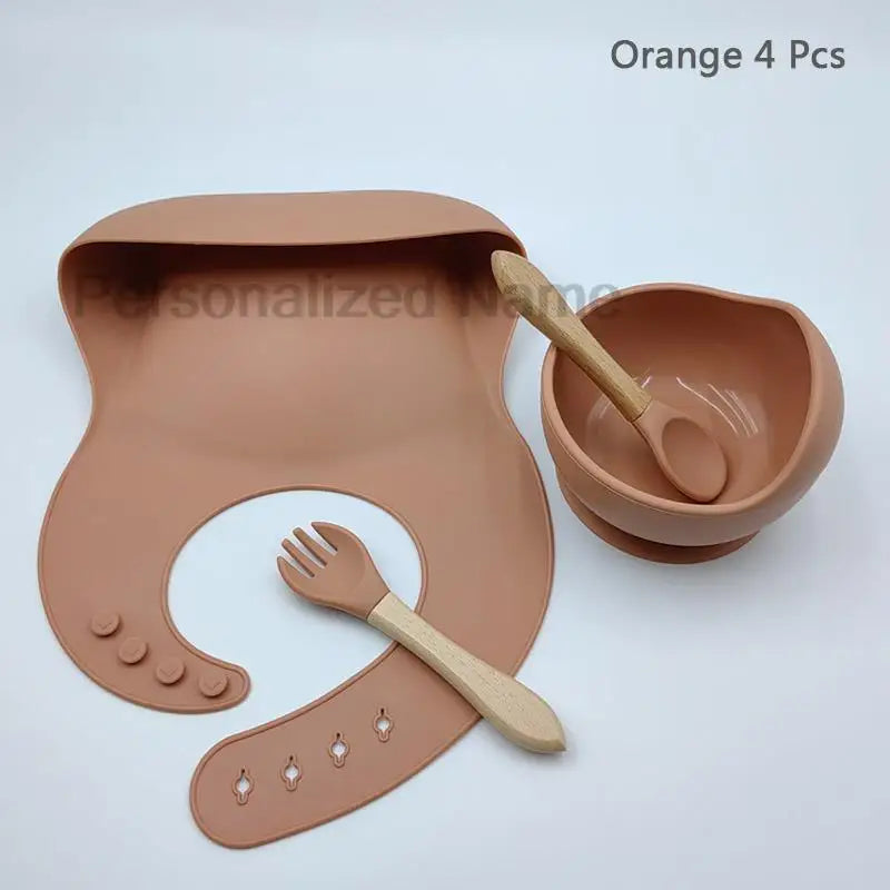 Set de repas bébé en silicone – Bol à ventouse, cuillère & fourchette (personnalisable)