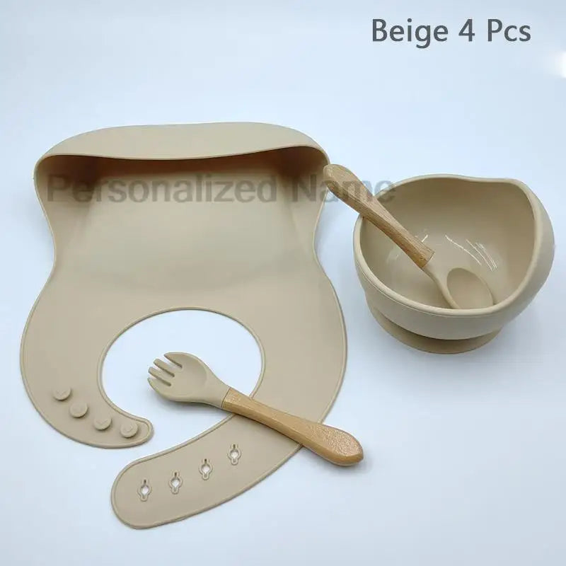 Set de repas bébé en silicone – Bol à ventouse, cuillère & fourchette (personnalisable)