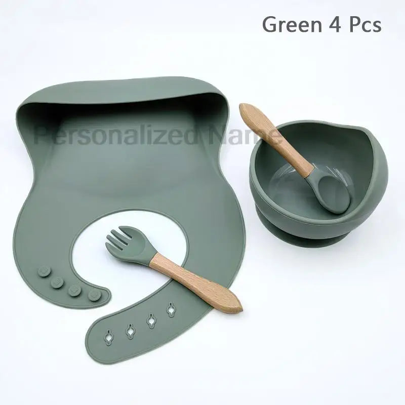 Set de repas bébé en silicone – Bol à ventouse, cuillère & fourchette (personnalisable)