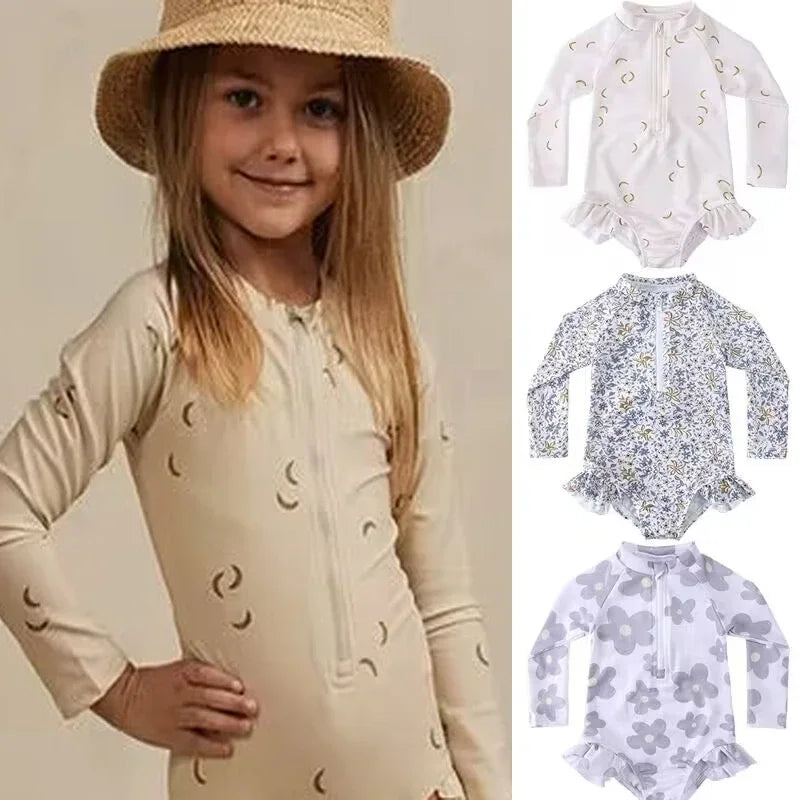Maillot de Bain Anti-UV Bébé Fille - Combinaison 1 Pièce Manches Longues SPF50, Chapeau Inclus, 1-7 Ans
