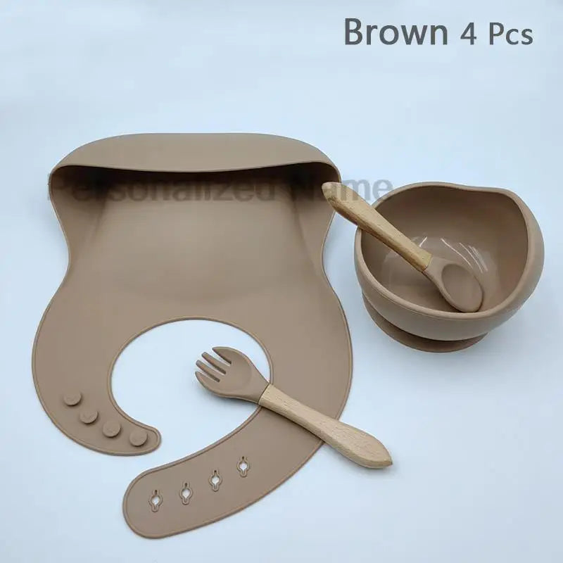 Set de repas bébé en silicone – Bol à ventouse, cuillère & fourchette (personnalisable)