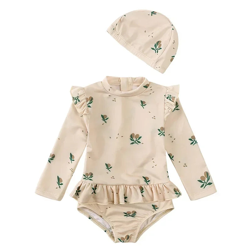 Maillot de Bain Anti-UV Bébé Fille - Combinaison 1 Pièce Manches Longues SPF50, Chapeau Inclus, 1-7 Ans