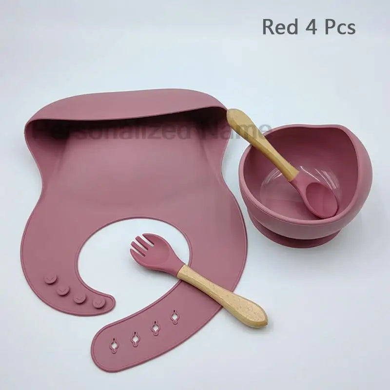 Set de repas bébé en silicone – Bol à ventouse, cuillère & fourchette (personnalisable)