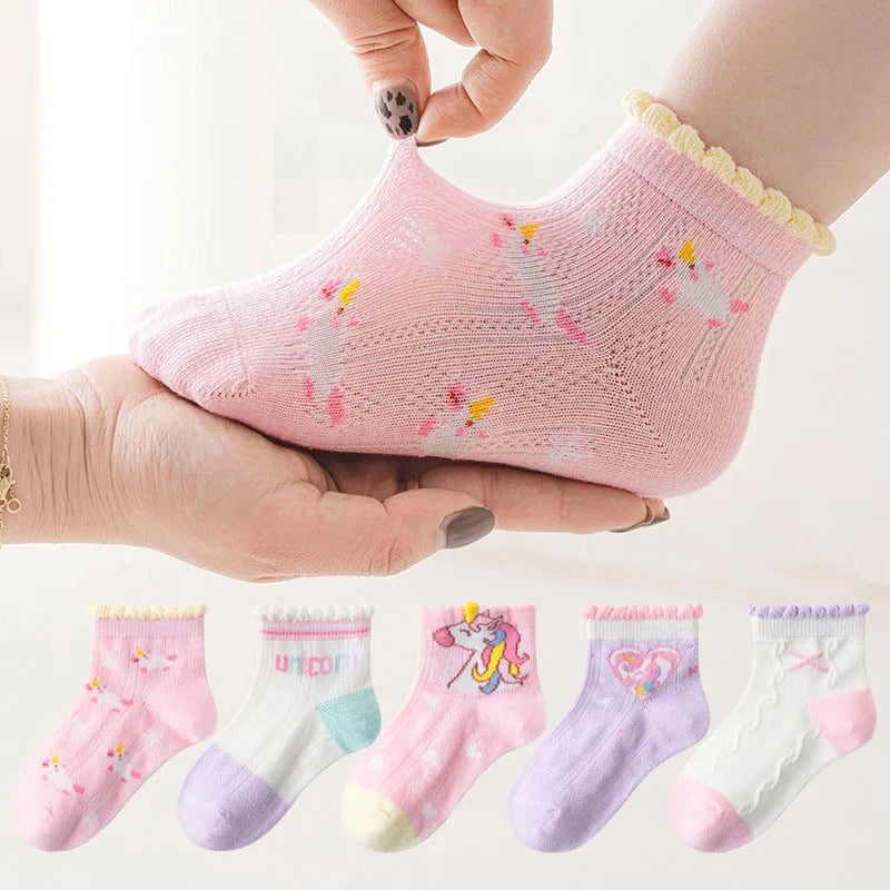 Lot de 5 Paires Chaussettes Enfant Coton - Fantaisie Dessin Animé Mesh, Fille Garçon 1-12 Ans, Eté