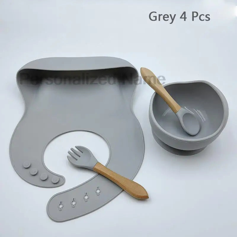 Set de repas bébé en silicone – Bol à ventouse, cuillère & fourchette (personnalisable)