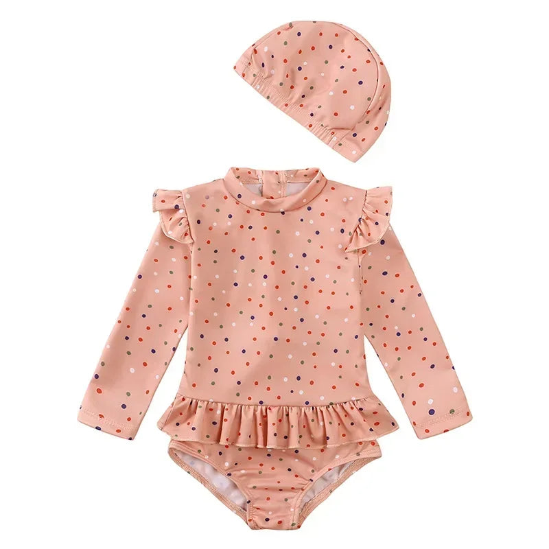 Maillot de Bain Anti-UV Bébé Fille - Combinaison 1 Pièce Manches Longues SPF50, Chapeau Inclus, 1-7 Ans