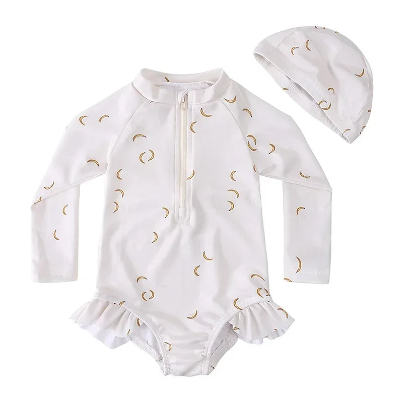 Maillot de Bain Anti-UV Bébé Fille - Combinaison 1 Pièce Manches Longues SPF50, Chapeau Inclus, 1-7 Ans
