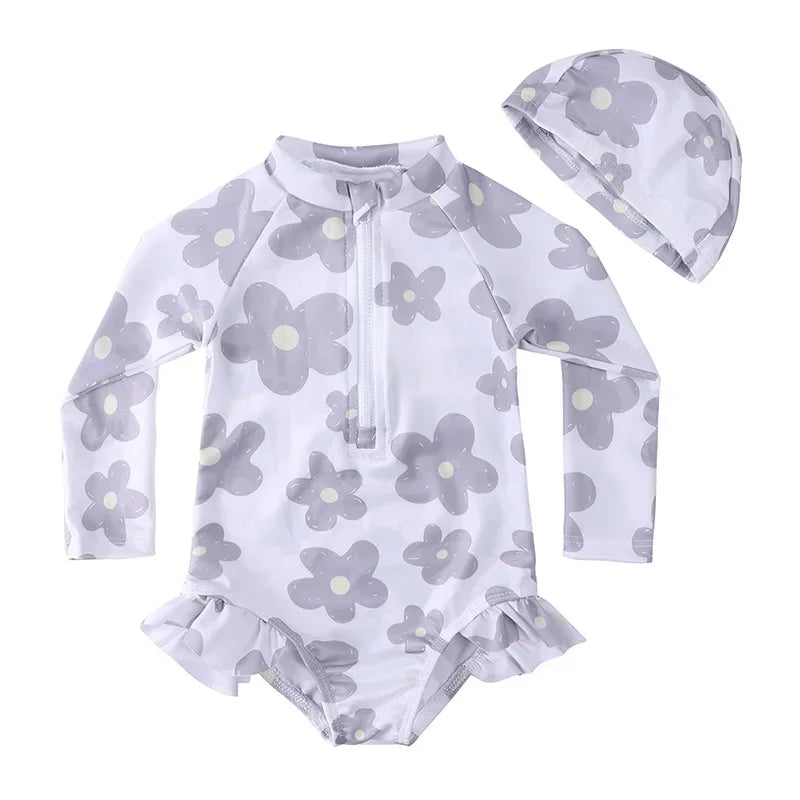 Maillot de Bain Anti-UV Bébé Fille - Combinaison 1 Pièce Manches Longues SPF50, Chapeau Inclus, 1-7 Ans